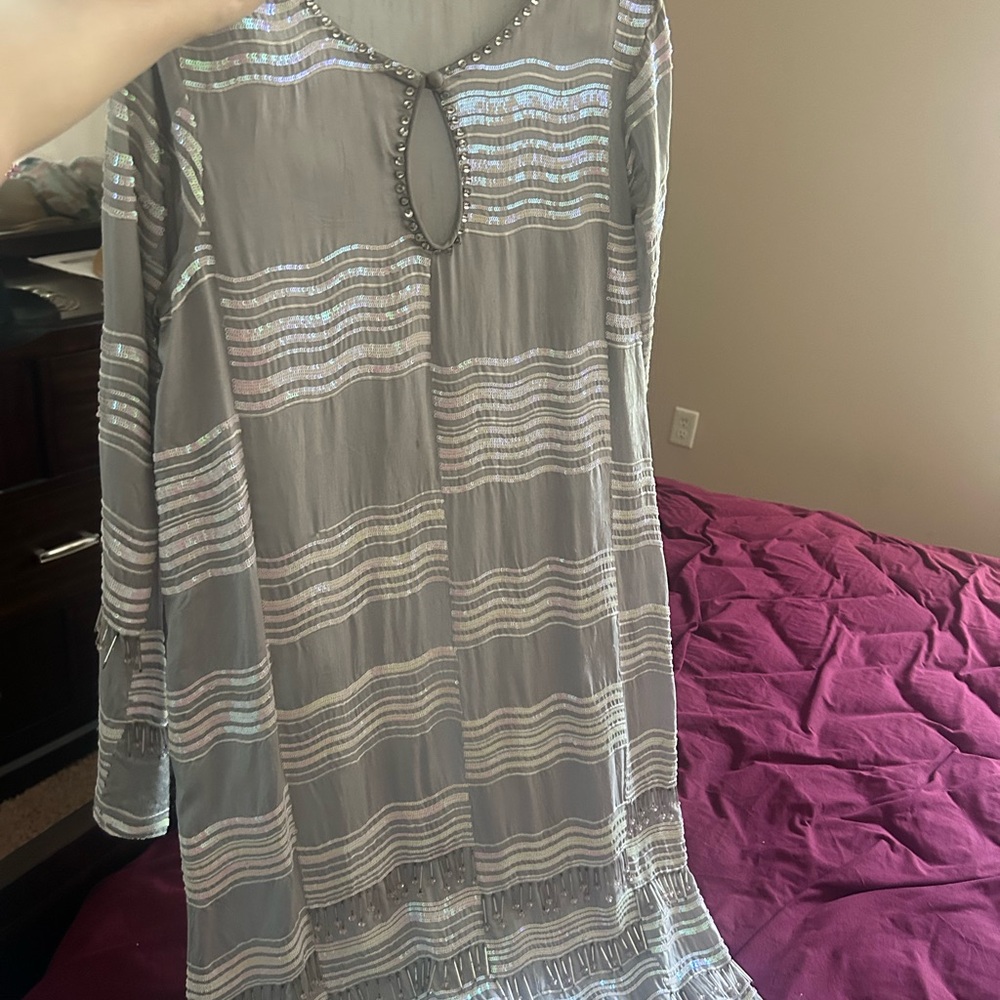 Gray Striped Long Sleeve Dress